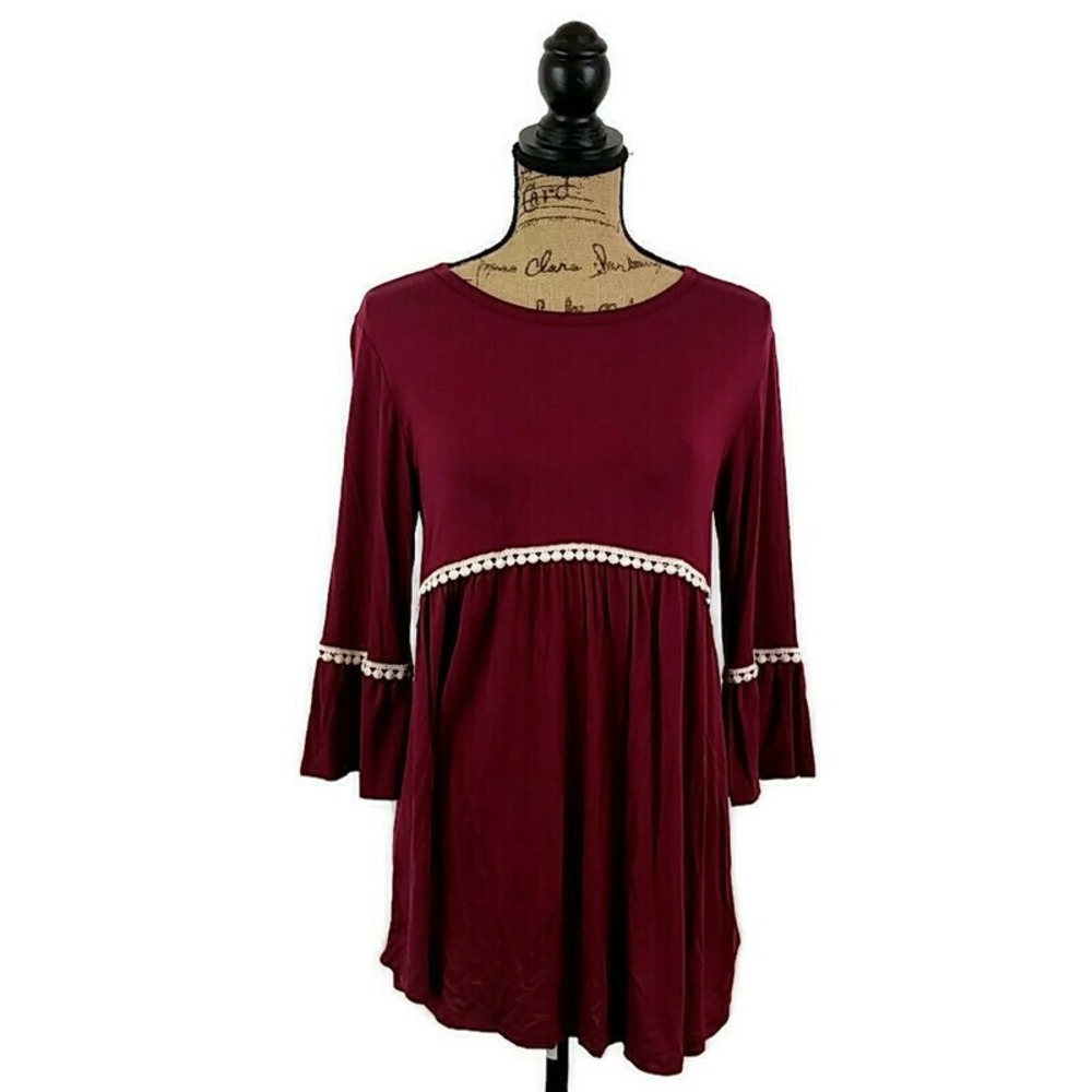 Lovely Souls Tunic Top Womens Small Burgundy Pom Pom Trim Bell Sleeve